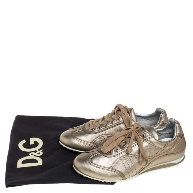 Pre Owned D&G Metallic Gold Leather Lace Up Low Top Sneakers Size 36.5