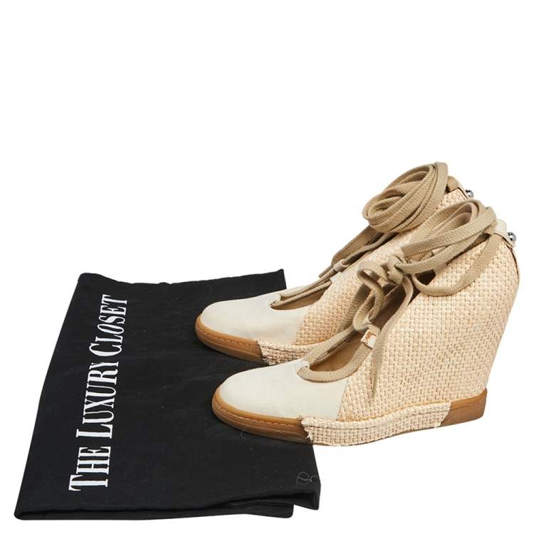 Pre Owned D&G Beige Canvas And Raffia Wedge Ankle Wraps Pumps Size 38