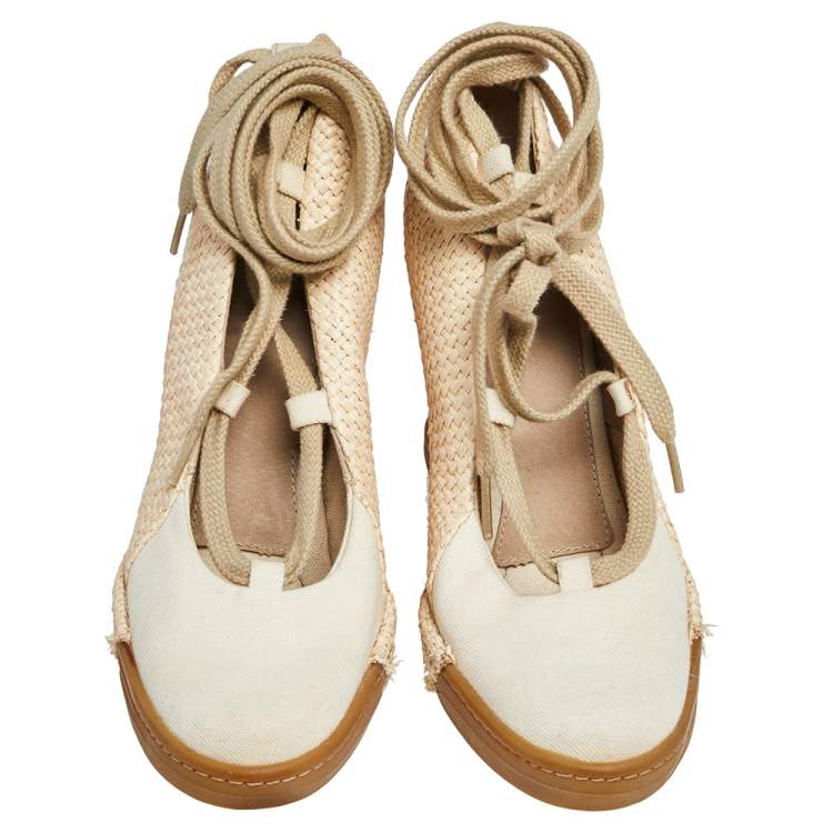 Pre Owned D&G Beige Canvas And Raffia Wedge Ankle Wraps Pumps Size 38