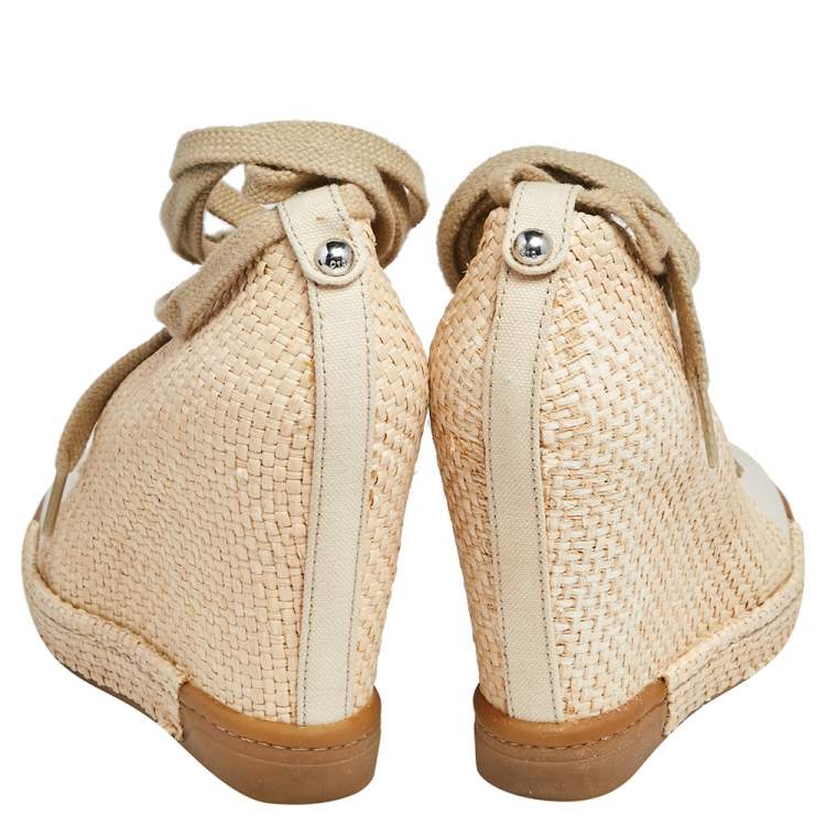 Pre Owned D&G Beige Canvas And Raffia Wedge Ankle Wraps Pumps Size 38