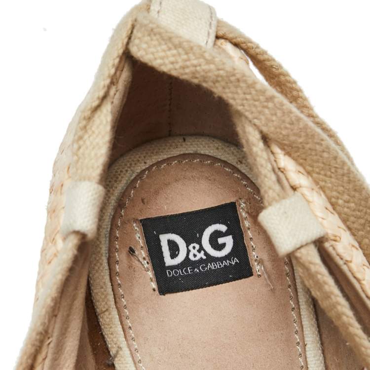 Pre Owned D&G Beige Canvas And Raffia Wedge Ankle Wraps Pumps Size 38