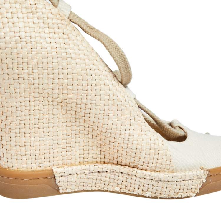 Pre Owned D&G Beige Canvas And Raffia Wedge Ankle Wraps Pumps Size 38