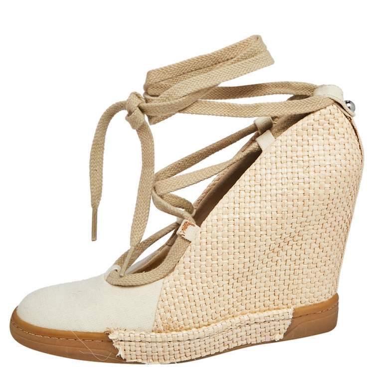 Pre Owned D&G Beige Canvas And Raffia Wedge Ankle Wraps Pumps Size 38