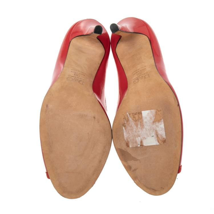 Pre Owned D&G Red Patent Leather and Fabric Bow Peep Toe Pumps Size 39