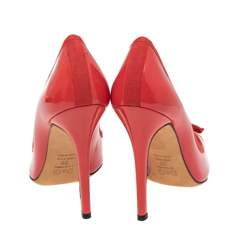 Pre Owned D&G Red Patent Leather and Fabric Bow Peep Toe Pumps Size 39