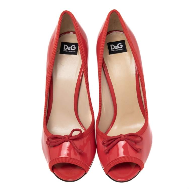 Pre Owned D&G Red Patent Leather and Fabric Bow Peep Toe Pumps Size 39