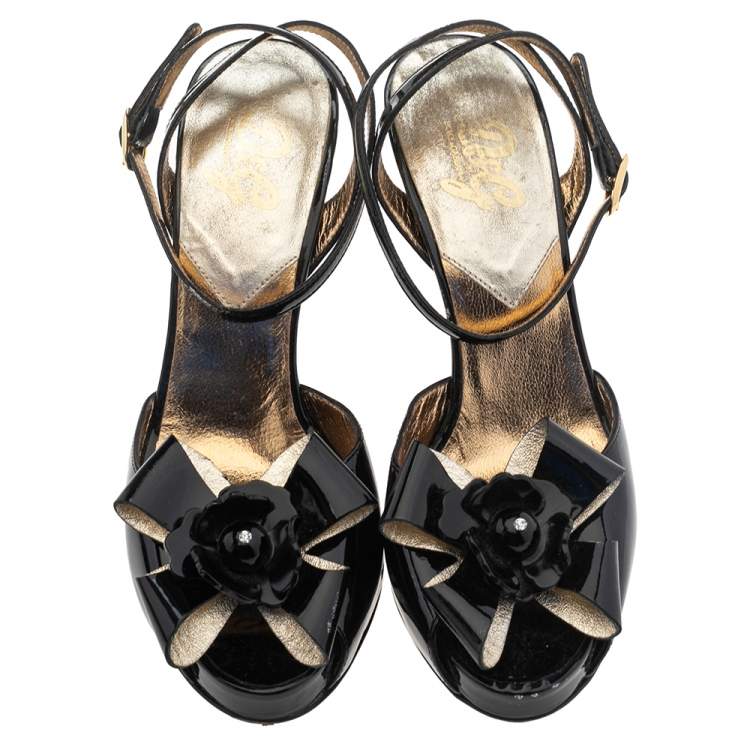 Pre Owned  Dolce & Gabbana  Black Patent Leather Bow Ankle Strap Sandals Size 37