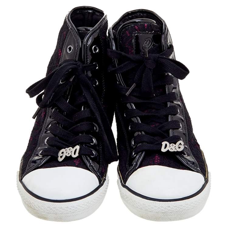 Pre Owned D&G Black Lace And Patent Leather High Top Sneakers Size 38