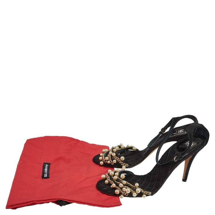 Pre Owned D&G Black Satin Embellished Ankle Strap Sandals Size 39