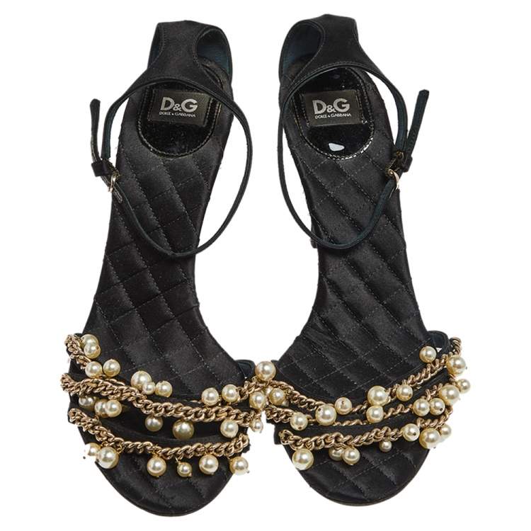 Pre Owned D&G Black Satin Embellished Ankle Strap Sandals Size 39