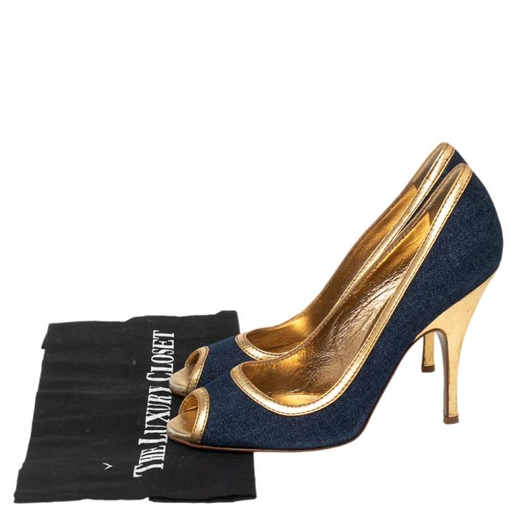 Pre Owned Dolce & Gabbana Blue/Gold Denim and Leather Peep Toe Pumps Size 39