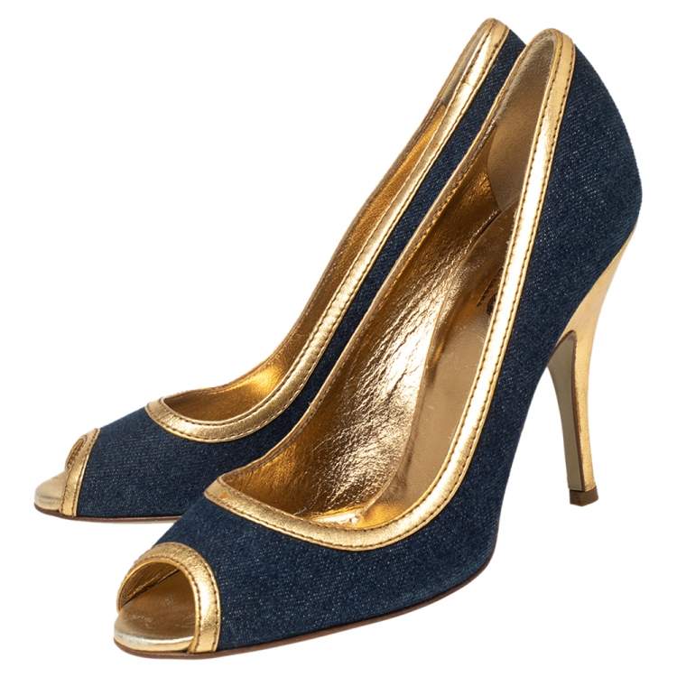 Pre Owned Dolce & Gabbana Blue/Gold Denim and Leather Peep Toe Pumps Size 39
