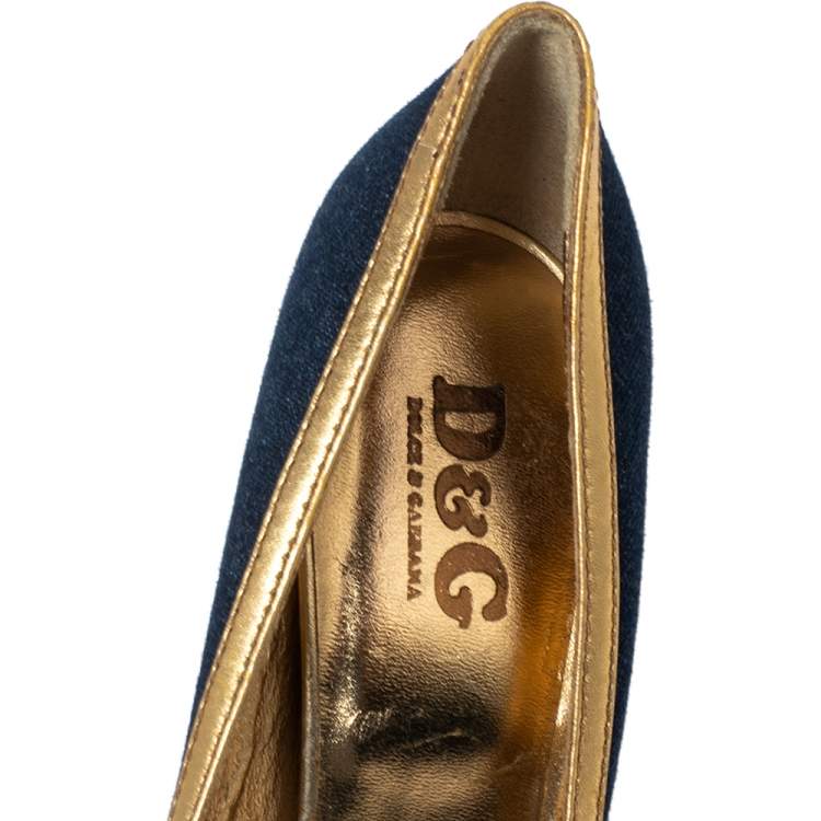 Pre Owned Dolce & Gabbana Blue/Gold Denim and Leather Peep Toe Pumps Size 39