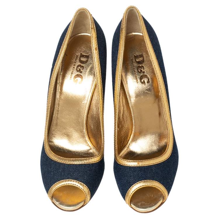 Pre Owned Dolce & Gabbana Blue/Gold Denim and Leather Peep Toe Pumps Size 39