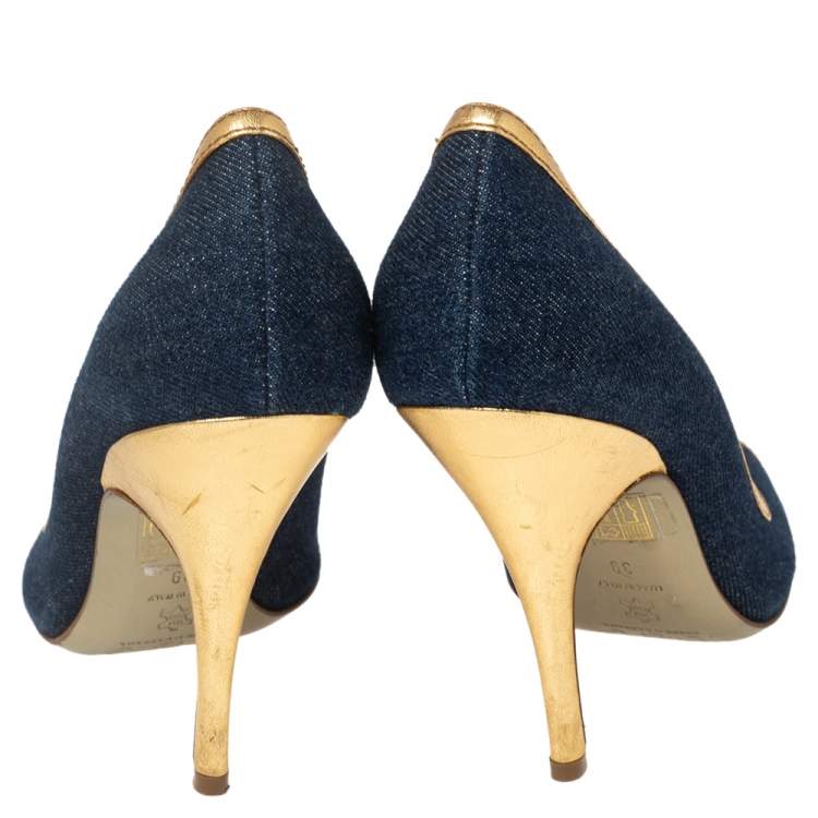 Pre Owned Dolce & Gabbana Blue/Gold Denim and Leather Peep Toe Pumps Size 39