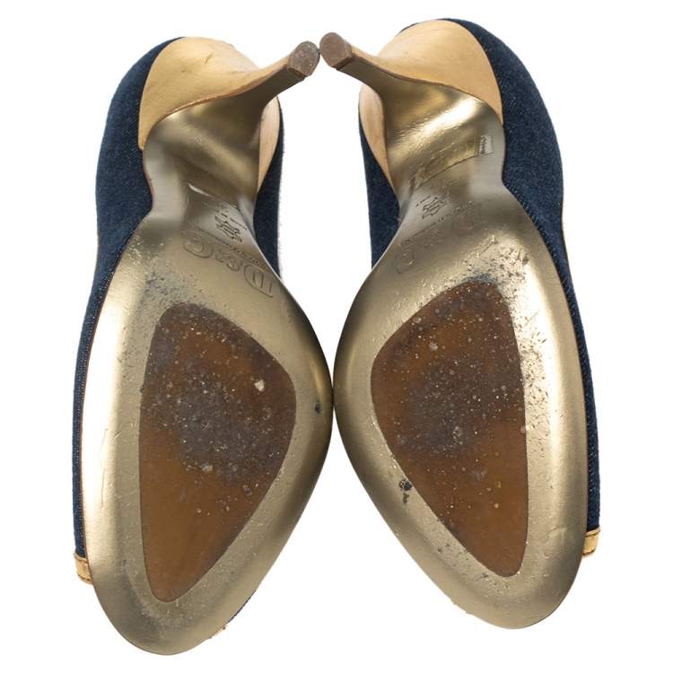 Pre Owned Dolce & Gabbana Blue/Gold Denim and Leather Peep Toe Pumps Size 39