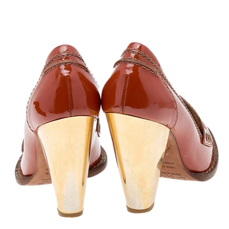 Pre Owned D&G Tan Patent Leather Penny Block Heel Loafer Pumps Size 36