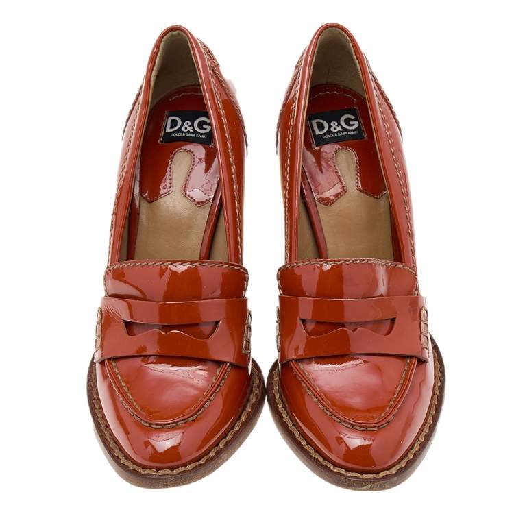 Pre Owned D&G Tan Patent Leather Penny Block Heel Loafer Pumps Size 36
