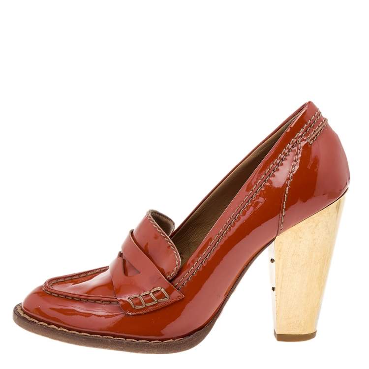 Pre Owned D&G Tan Patent Leather Penny Block Heel Loafer Pumps Size 36