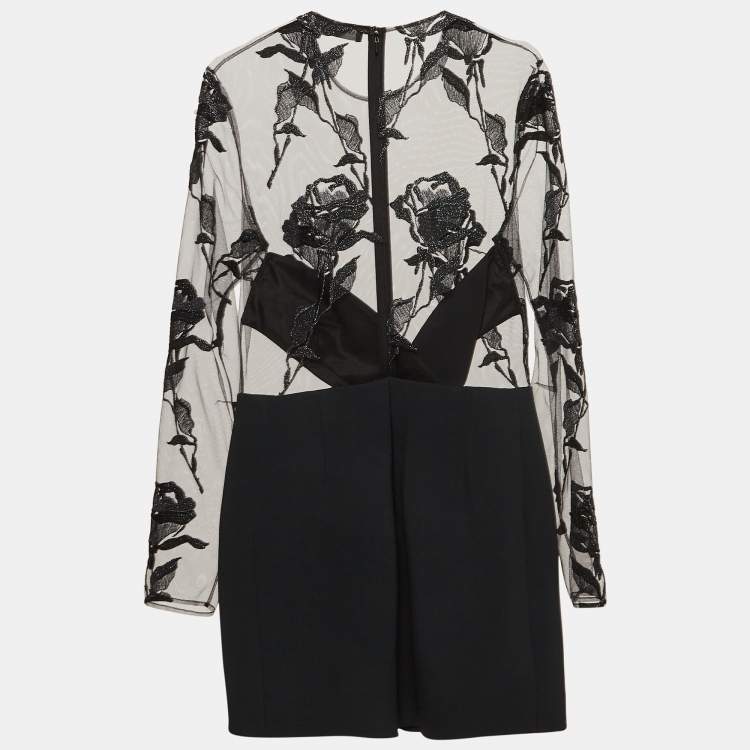 Pre Owned David Koma Black Rose Embroidered Tulle and Crepe Mini Dress L