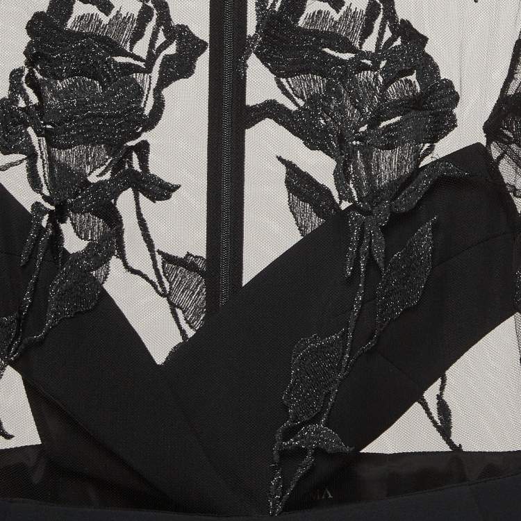 Pre Owned David Koma Black Rose Embroidered Tulle and Crepe Mini Dress L