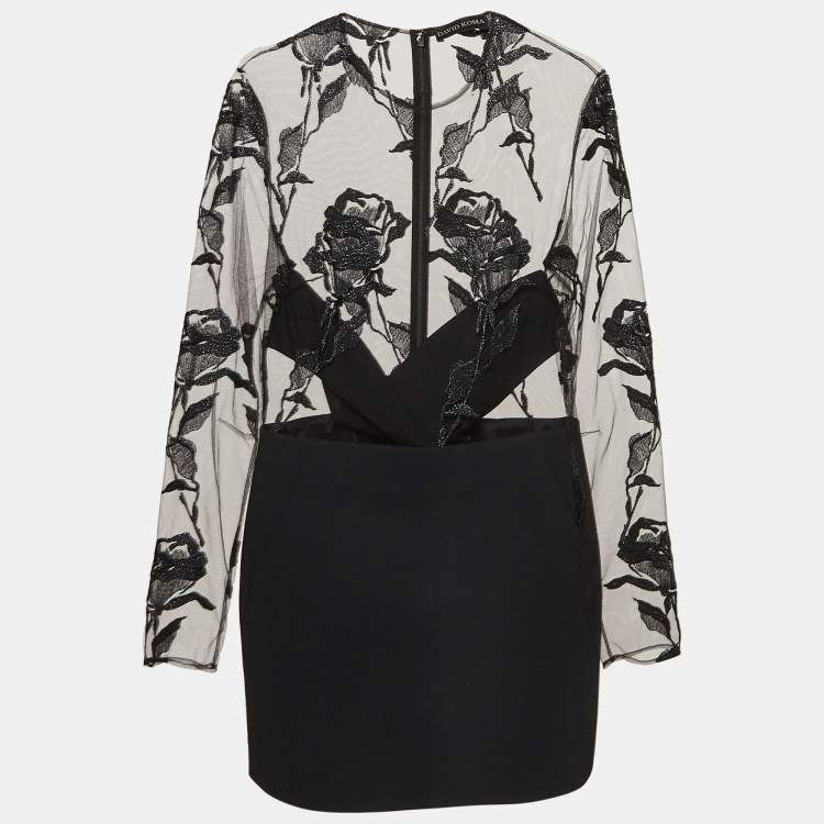 Pre Owned David Koma Black Rose Embroidered Tulle and Crepe Mini Dress L