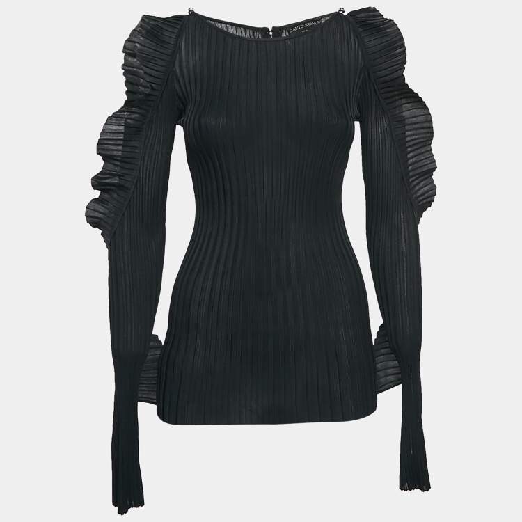 Pre Owned David Koma Black Rib Knit Ruffled Sleeve Bodycon Mini Dress S