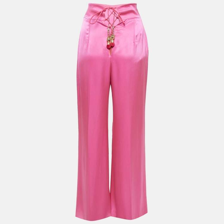 Pre Owned David Koma Pink Satin Lace-Up Detail Wide Leg Trousers S