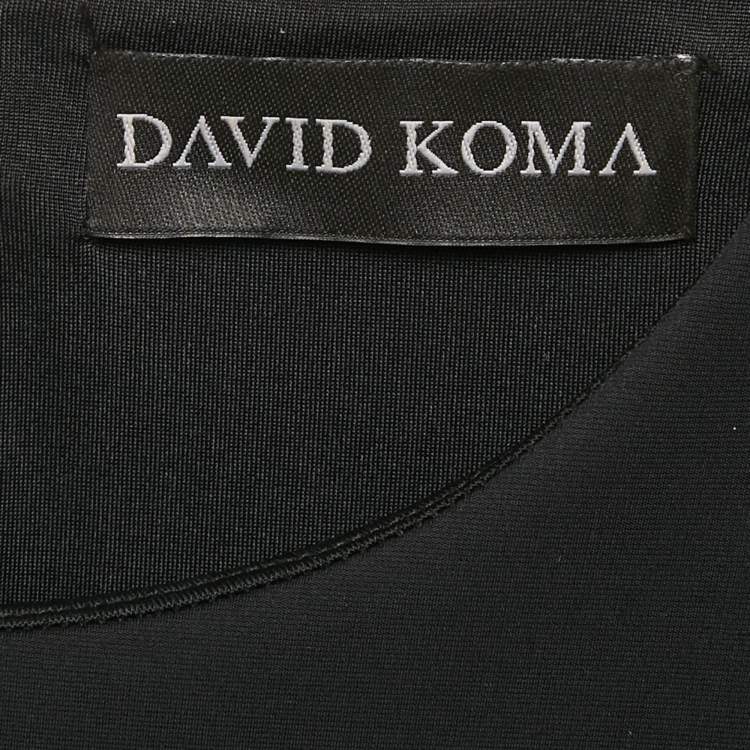 Pre Owned David Koma Black Jersey Panel Detail Leather Trimmed Asymmetric Dress L