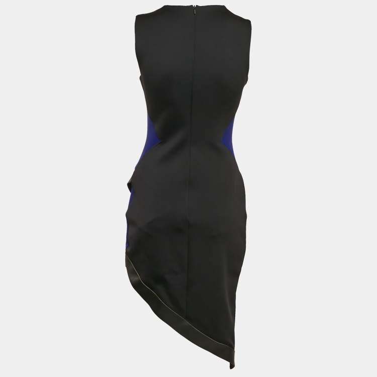 Pre Owned David Koma Black Jersey Panel Detail Leather Trimmed Asymmetric Dress L