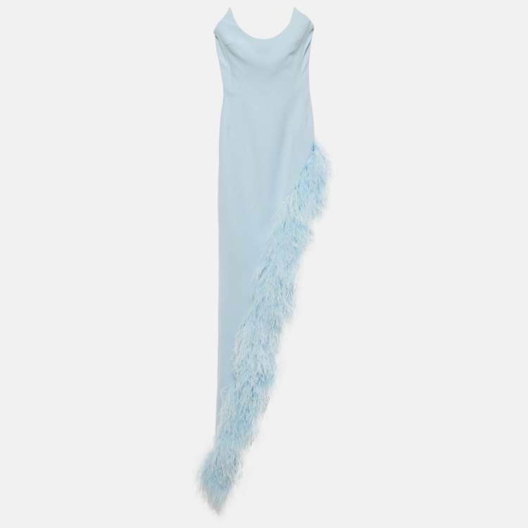 Pre Owned David Koma Blue Ostrich Feather-Trim Crepe Asymmetric Cocktail Dress XXS