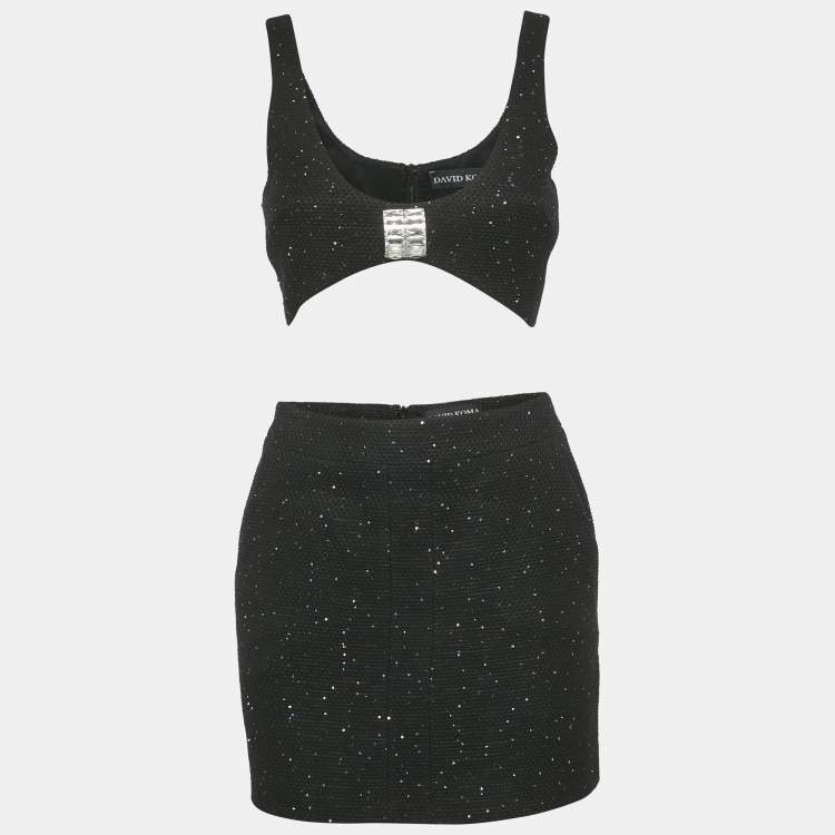 Pre Owned David Koma Black Sequin Tweed Bralette and Mini Skirt Set S