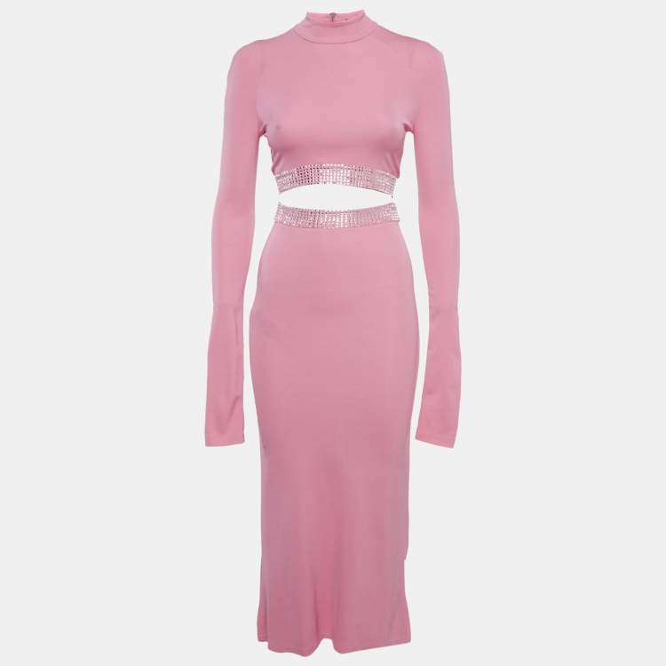 Pre Owned David Koma Pink Crystal Embellished Jersey Top and Skirt Set XS