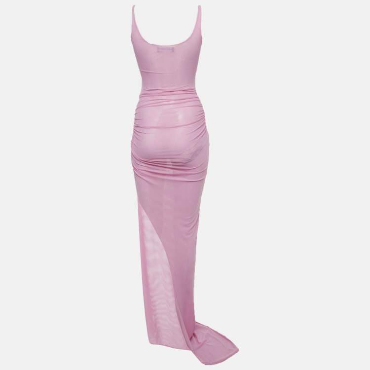 Pre Owned David Koma Pink Mesh Ruched Maxi Dress XS