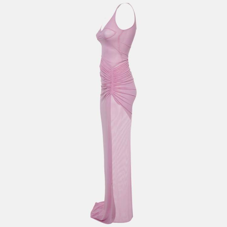 Pre Owned David Koma Pink Mesh Ruched Maxi Dress XS