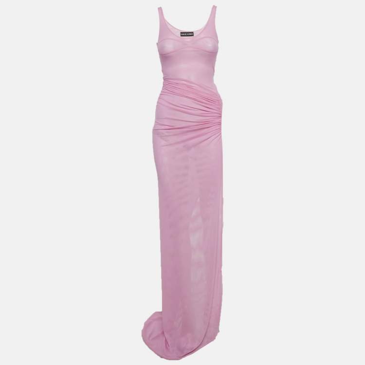 Pre Owned David Koma Pink Mesh Ruched Maxi Dress XS