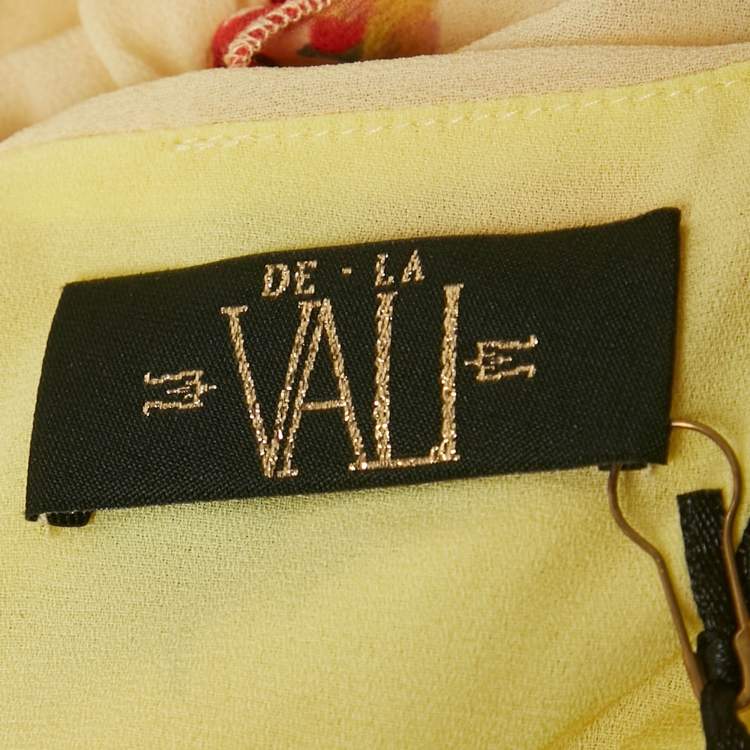 Pre Owned De La Vali Dress Yellow Floral Print Crepe Ruched Maxi Dress M