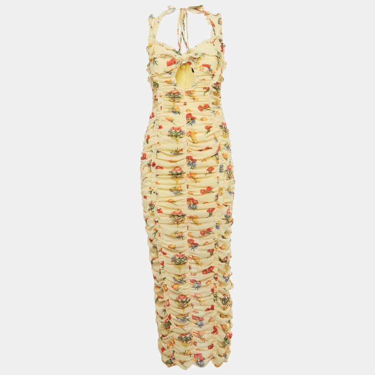 Pre Owned De La Vali Dress Yellow Floral Print Crepe Ruched Maxi Dress M
