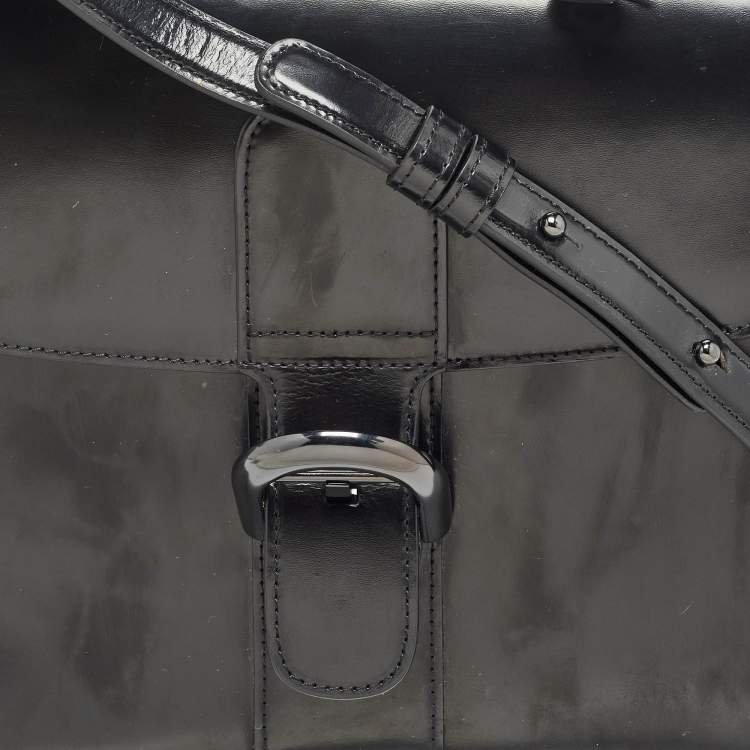 Pre Owned Delvaux Black Glossy Leather Brillant Sellier MM Top Handle Bag
