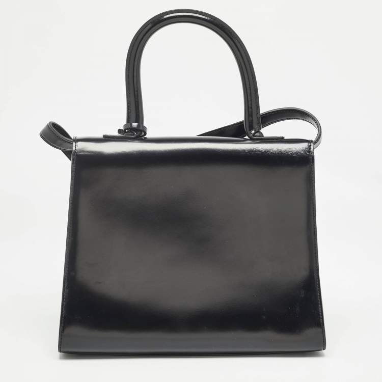 Pre Owned Delvaux Black Glossy Leather Brillant Sellier MM Top Handle Bag