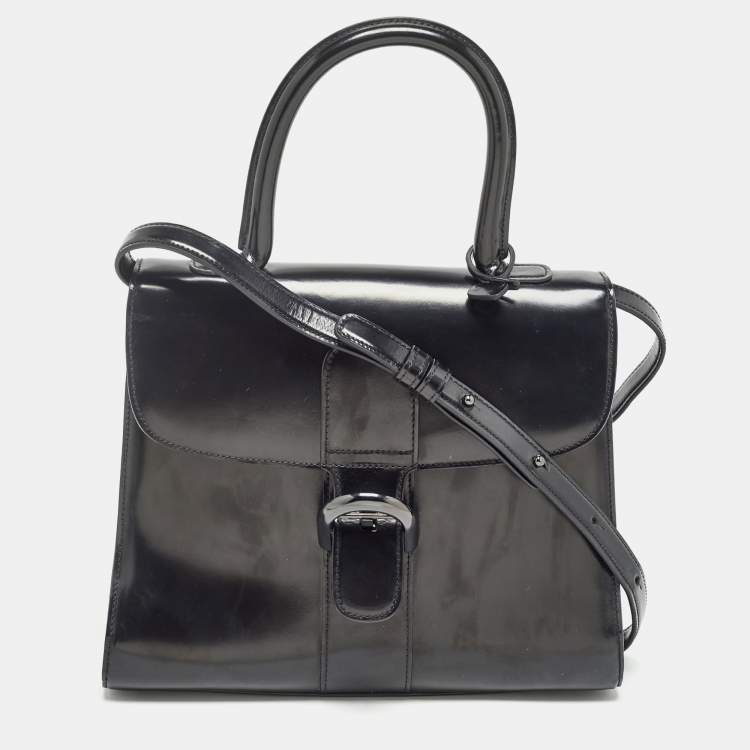 Pre Owned Delvaux Black Glossy Leather Brillant Sellier MM Top Handle Bag
