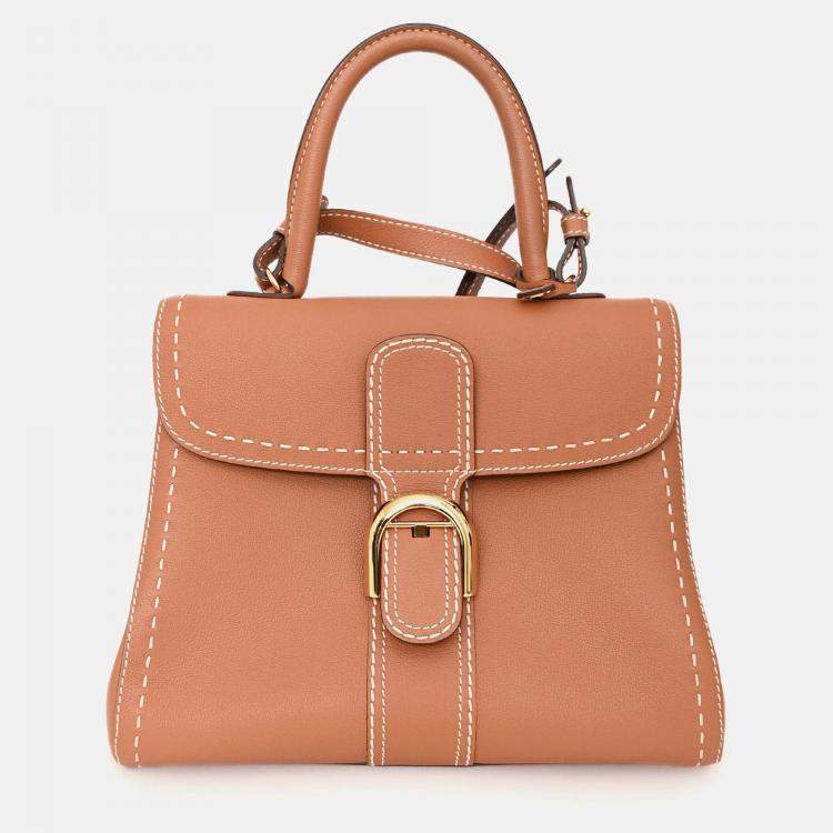 Pre Owned Delvaux Brown Leather Stitch Detail Le Brilliant MM Top Handle Gold Hardware with Strap