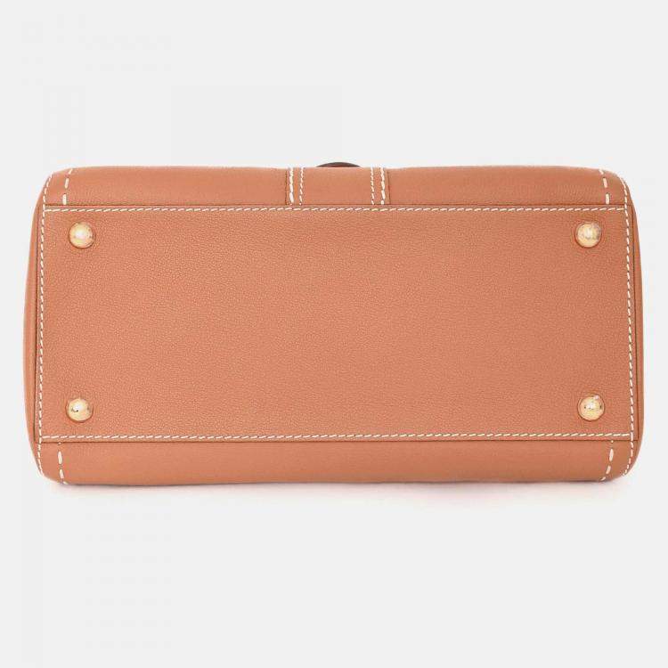 Pre Owned Delvaux Brown Leather Stitch Detail Le Brilliant MM Top Handle Gold Hardware with Strap