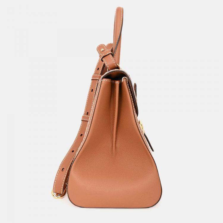 Pre Owned Delvaux Brown Leather Stitch Detail Le Brilliant MM Top Handle Gold Hardware with Strap