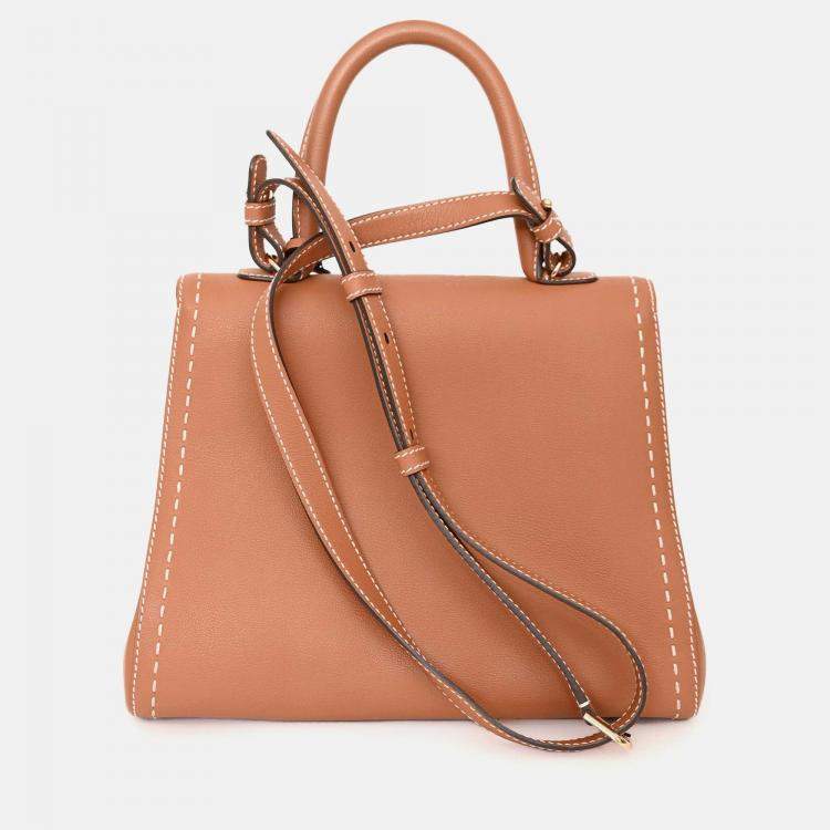 Pre Owned Delvaux Brown Leather Stitch Detail Le Brilliant MM Top Handle Gold Hardware with Strap