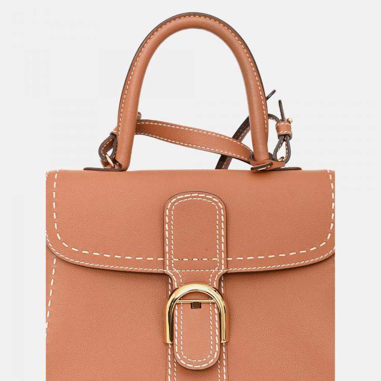 Pre Owned Delvaux Brown Leather Stitch Detail Le Brilliant MM Top Handle Gold Hardware with Strap