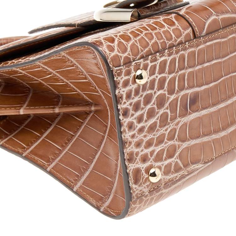 Pre Owned Delvaux Brown Alligator Mini Le Brillant Top Handle Bag
