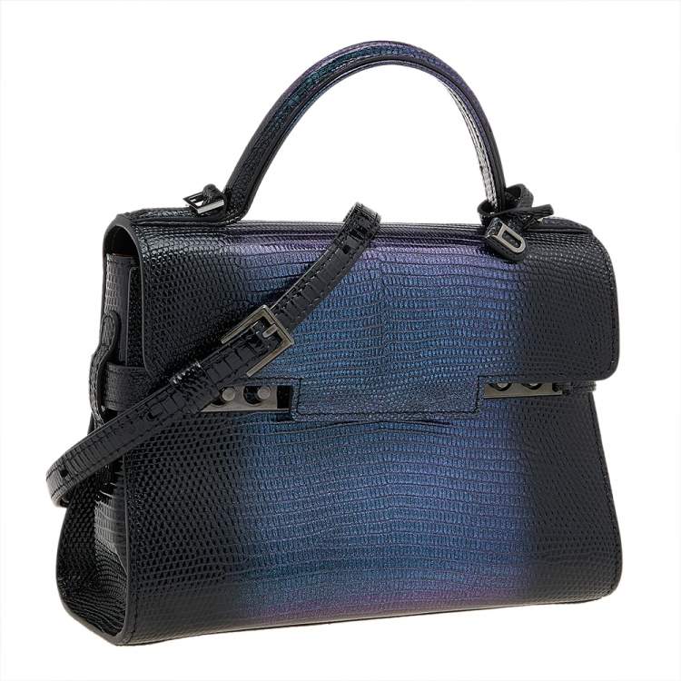 Pre Owned Delvaux Black Iridescent Lizard Tempete PM Top Handle Bag