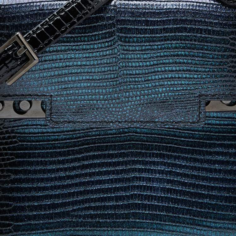 Pre Owned Delvaux Black Iridescent Lizard Tempete PM Top Handle Bag