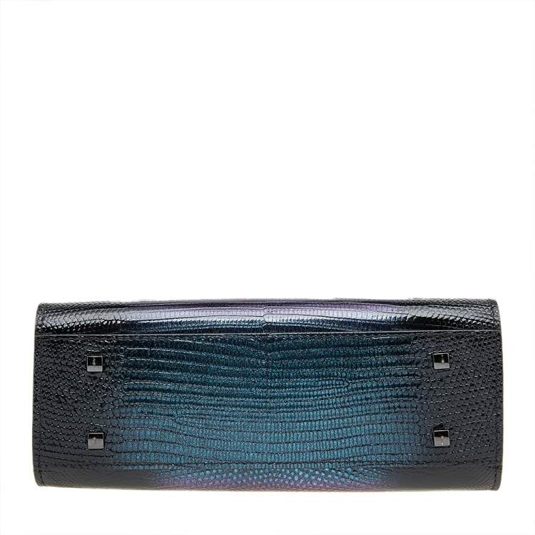 Pre Owned Delvaux Black Iridescent Lizard Tempete PM Top Handle Bag